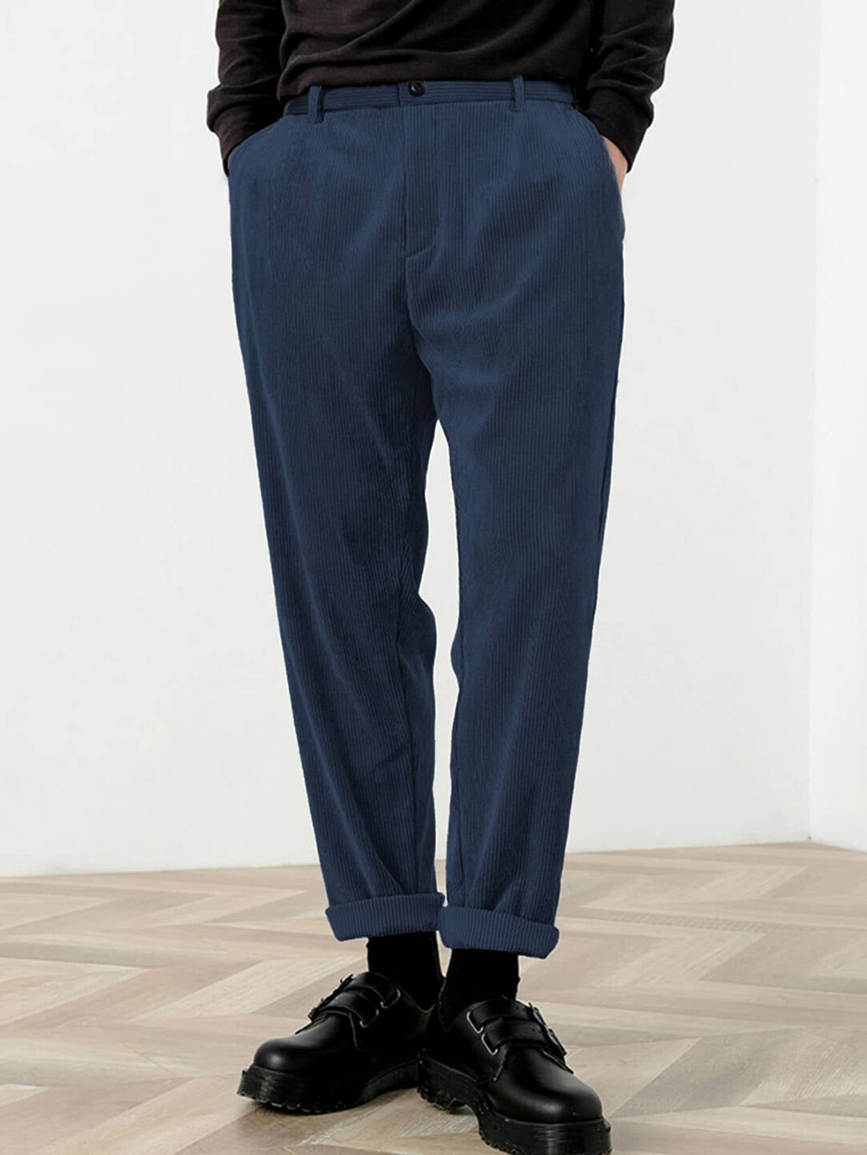 KOTTY Men Straight Fit Blue Corduroy Trousers