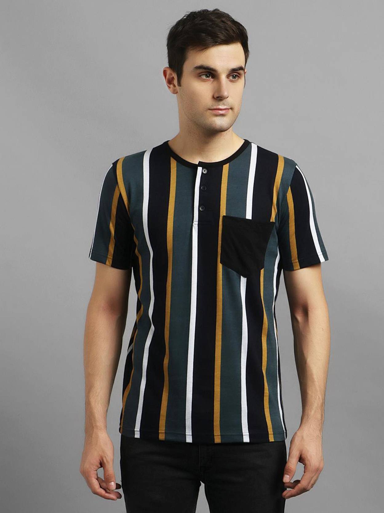 KOTTY Men Striped Round Neck Cotton Blend Black T-Shirt