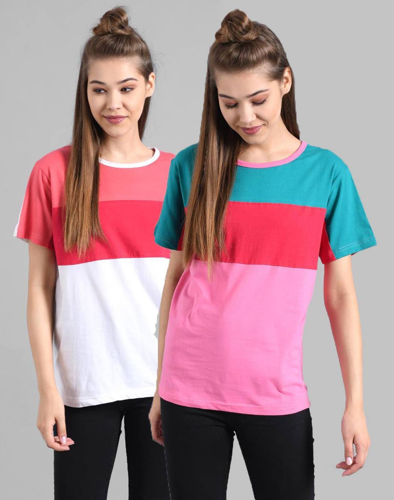 KOTTY Pack of 2 Women Colorblock Round Neck Cotton Blend Multicolor T-Shirt