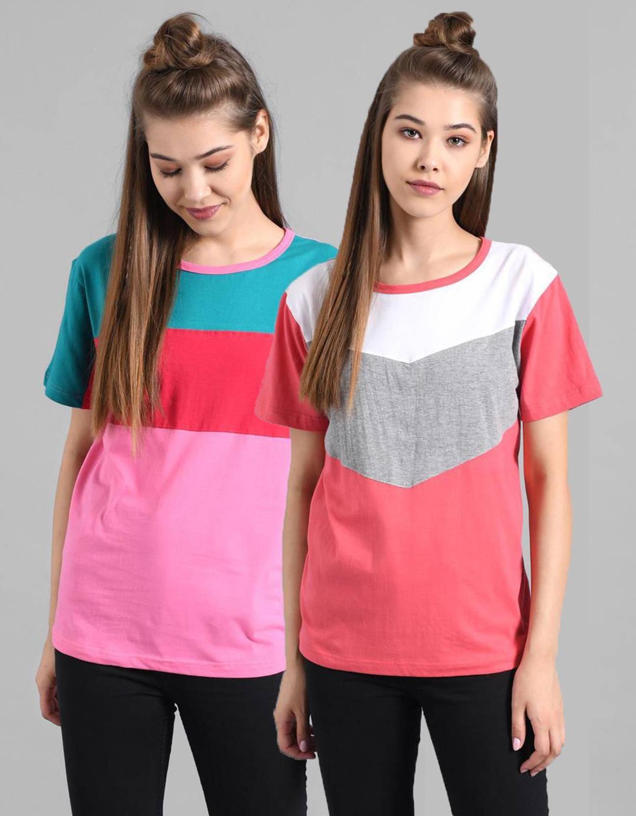 KOTTY Pack of 2 Women Colorblock Round Neck Cotton Blend Multicolor T-Shirt