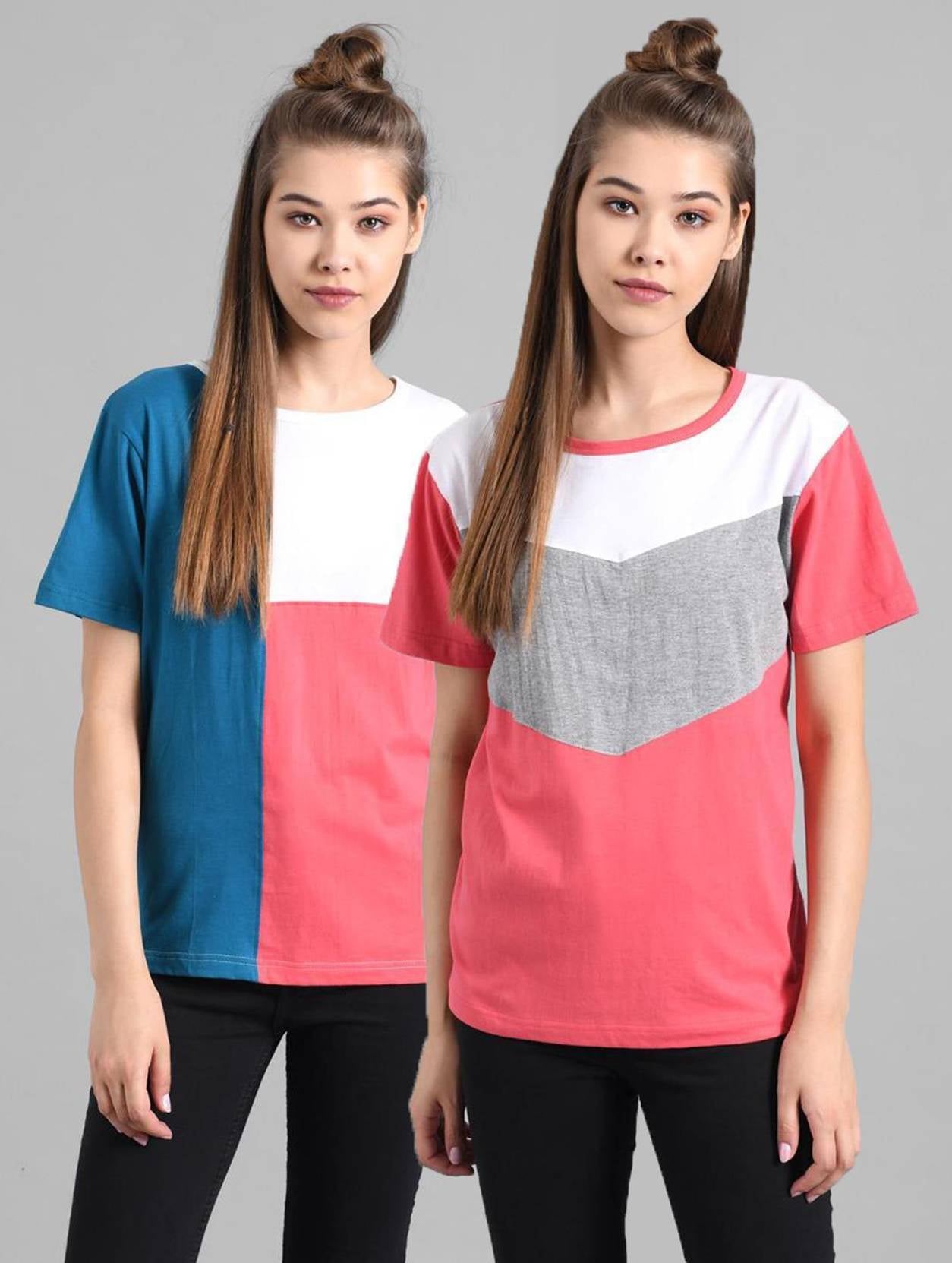 KOTTY Pack of 2 Women Colorblock Round Neck Cotton Blend Multicolor T-Shirt