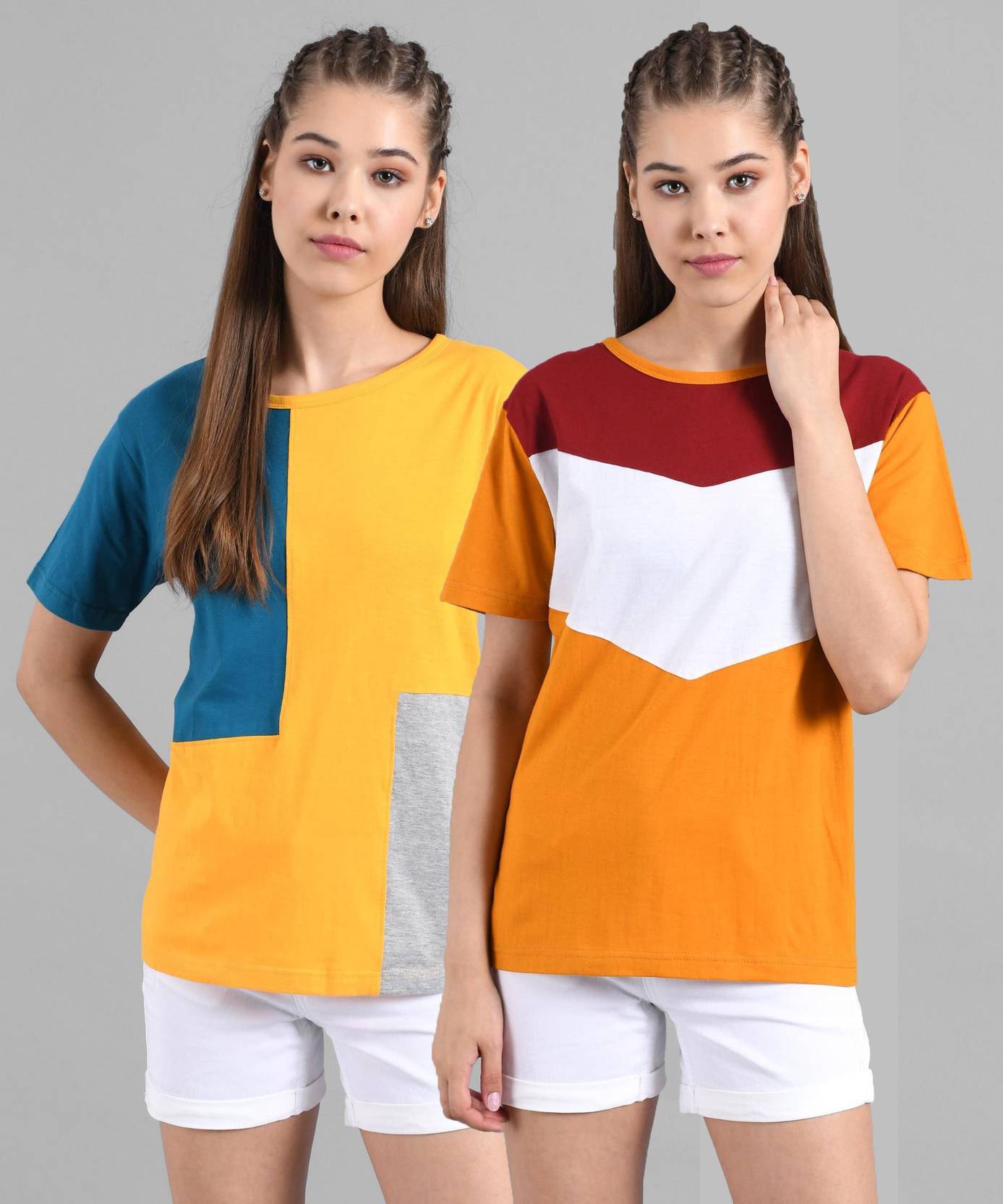 KOTTY Pack of 2 Women Colorblock Round Neck Cotton Blend Multicolor T-Shirt