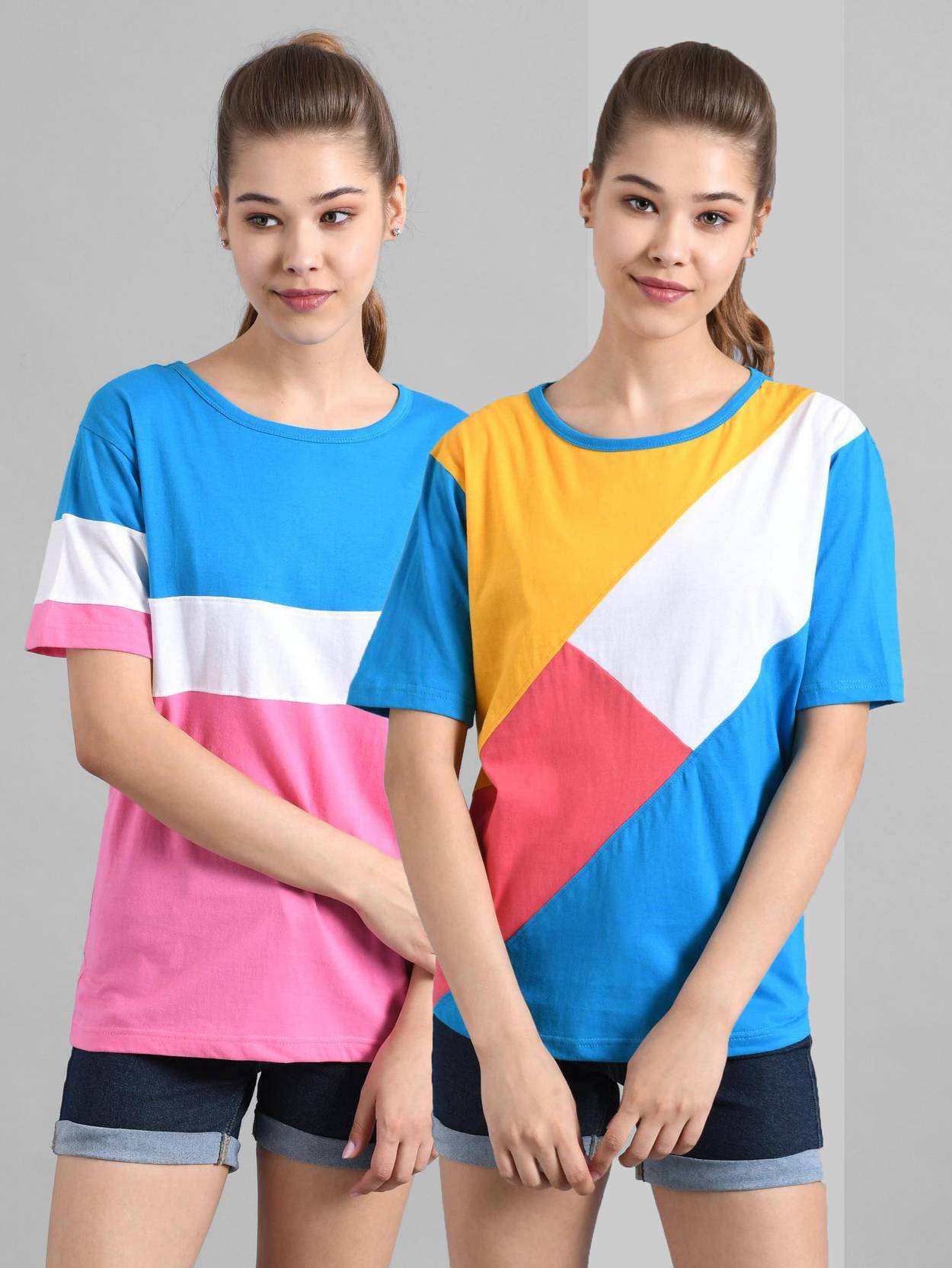 KOTTY Pack of 2 Women Colorblock Round Neck Cotton Blend Multicolor T-Shir