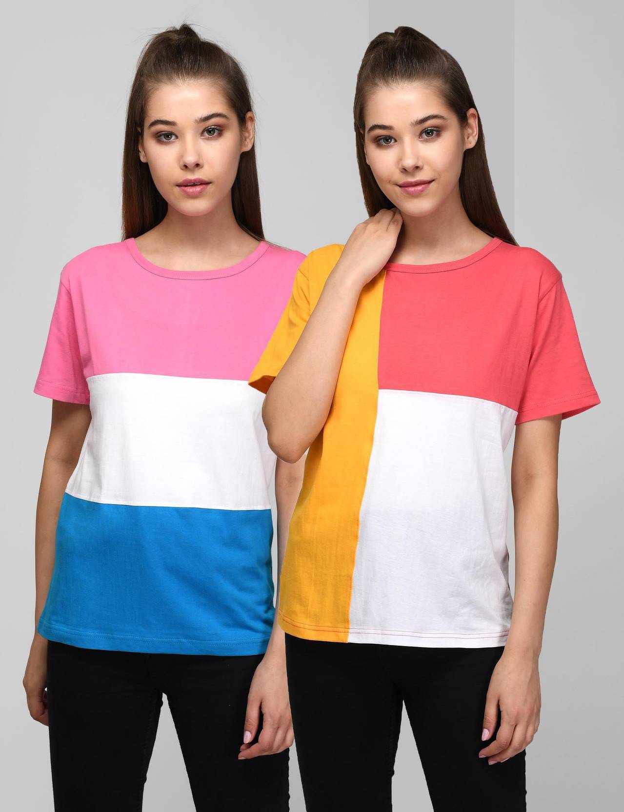 KOTTY Pack of 2 Women Colorblock Round Neck Cotton Blend Multicolor T-Shirt