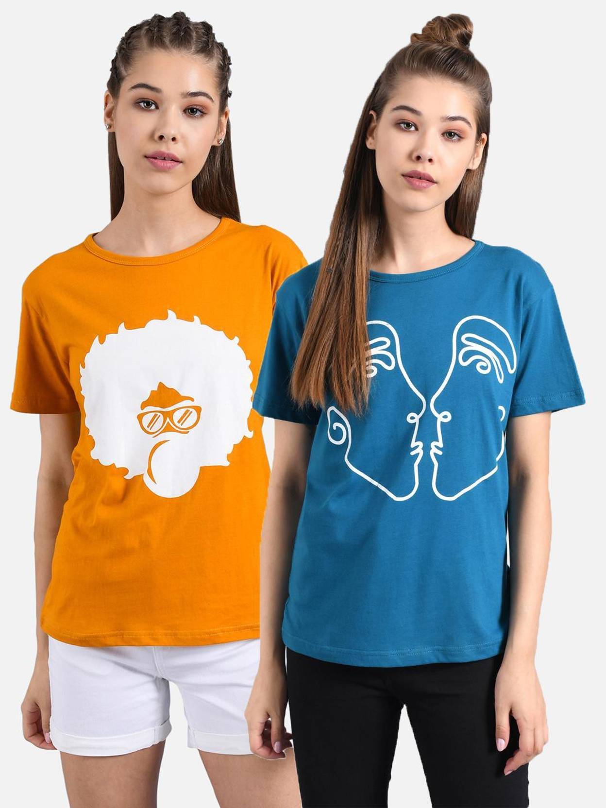 KOTTY Pack of 2 Women Printed Round Neck Cotton Blend Multicolor T-Shirt
