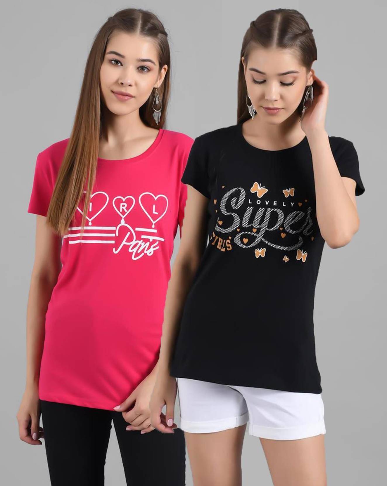 KOTTY Pack of 2 Women Printed Round Neck Pure Cotton Multicolor T-Shirt