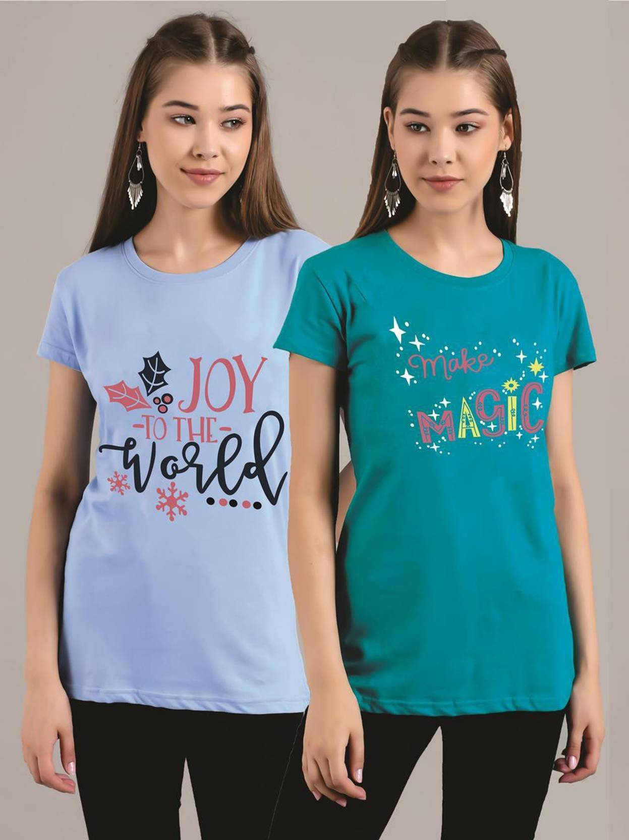 KOTTY Pack of 2 Women Printed Round Neck Pure Cotton Multicolor T-Shirt