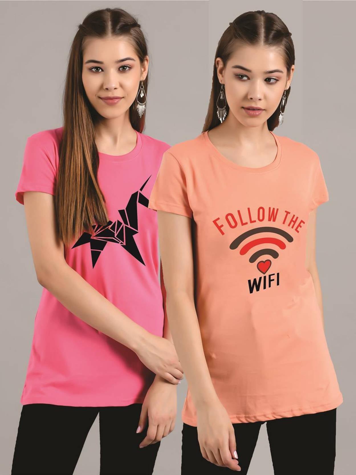 KOTTY Pack of 2 Women Printed Round Neck Pure Cotton Multicolor T-Shirt
