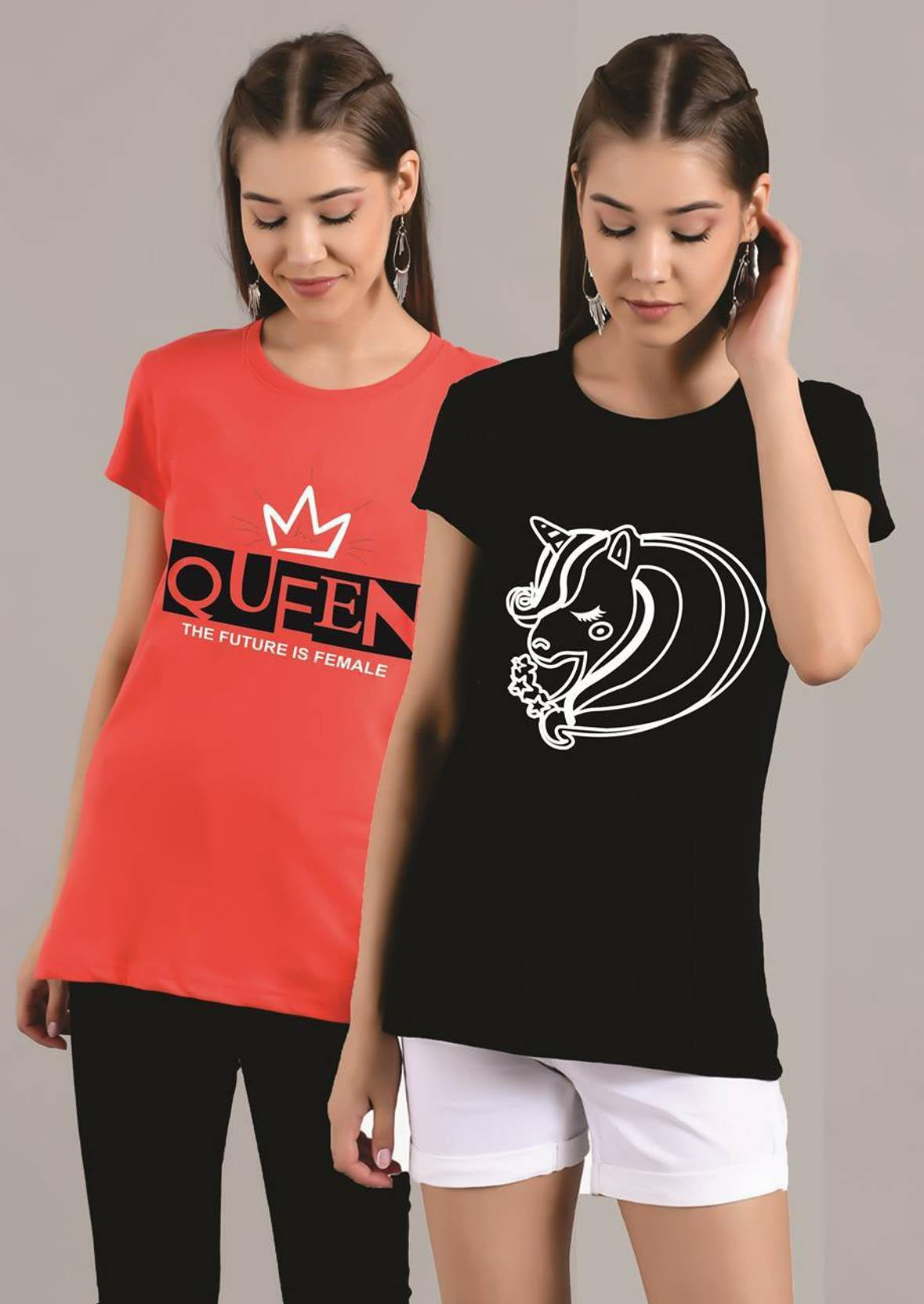 Pack of 2 Women Printed Round Neck Pure Cotton Multicolor T-Shirt
