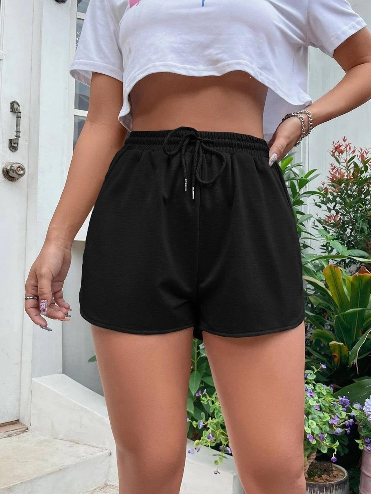 KOTTY Solid Women Black Regular Shorts