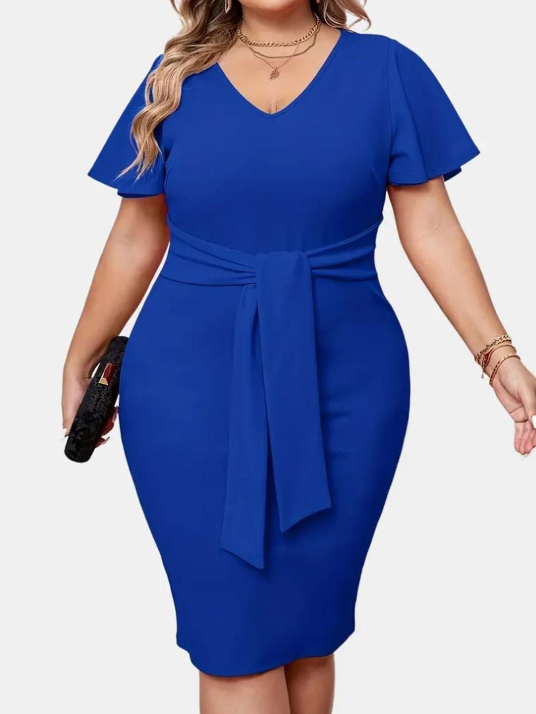 CURVE BY KOTTY Women V-Neck Plus Size Bodycon Knee Length Dress CURVE BY KOTTY Women V-Neck Plus Size Bodycon Knee Length Dress
