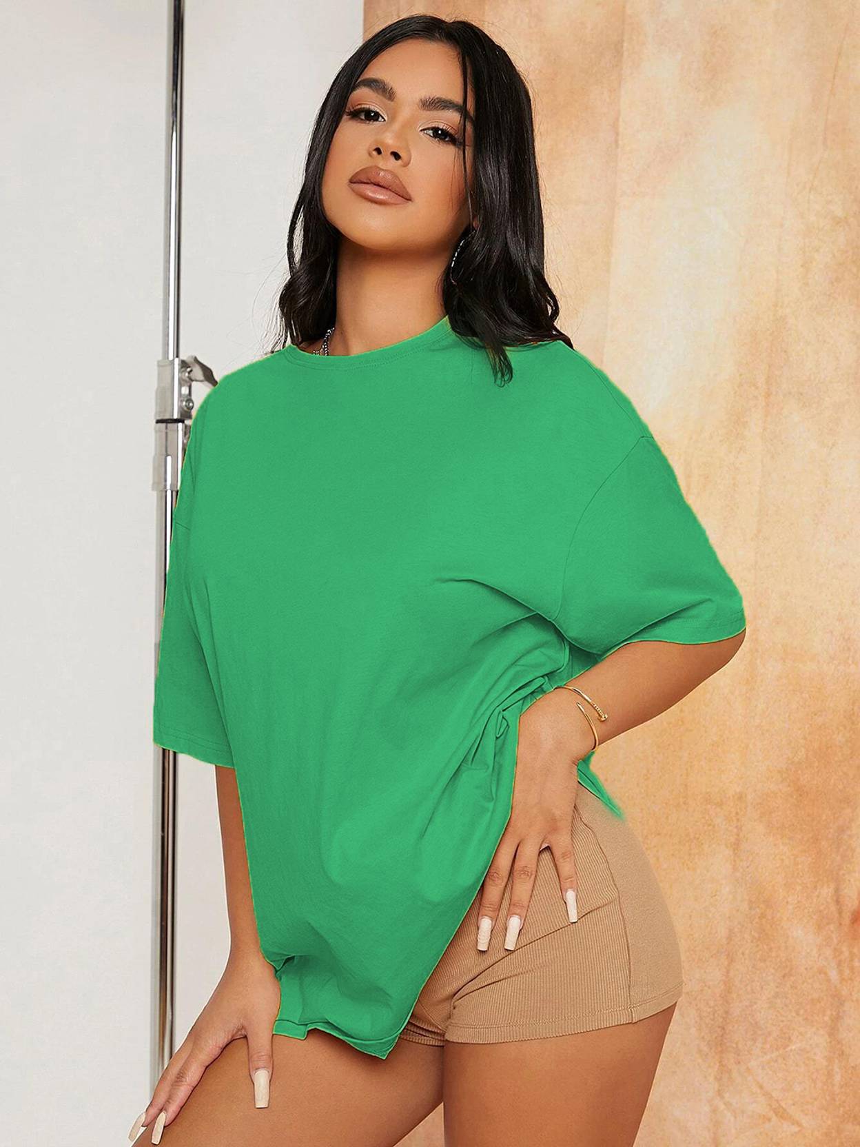 KOTTY Women Solid Round Neck Cotton Blend Green T-Shirt