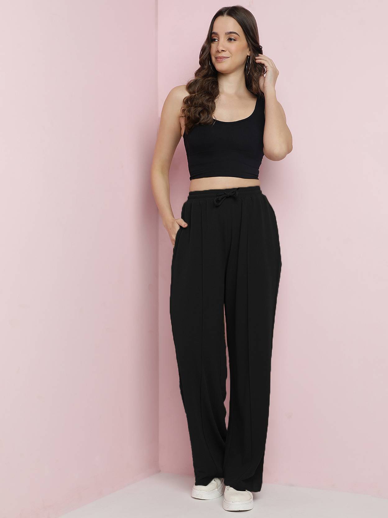 KOTTY Women Straight Fit Black Viscose Rayon Trousers