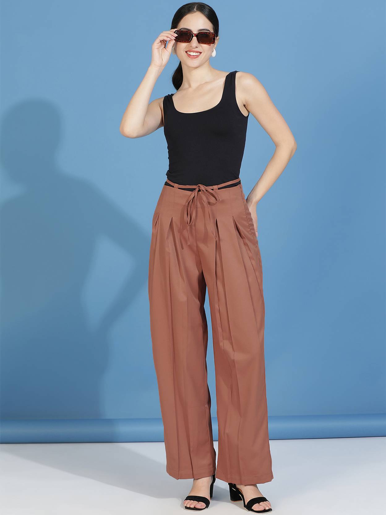 KOTTY Women Straight Fit Brown Cotton Blend Trousers