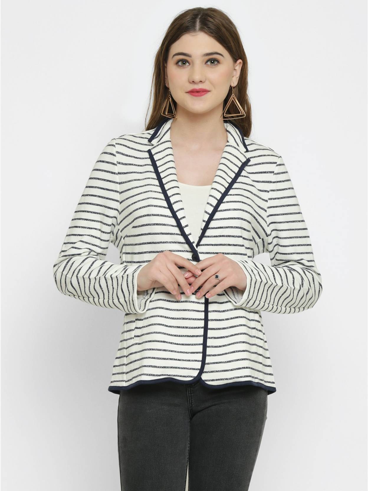 KOTTY Women Striped Single Breasted Casual Blazer (White)