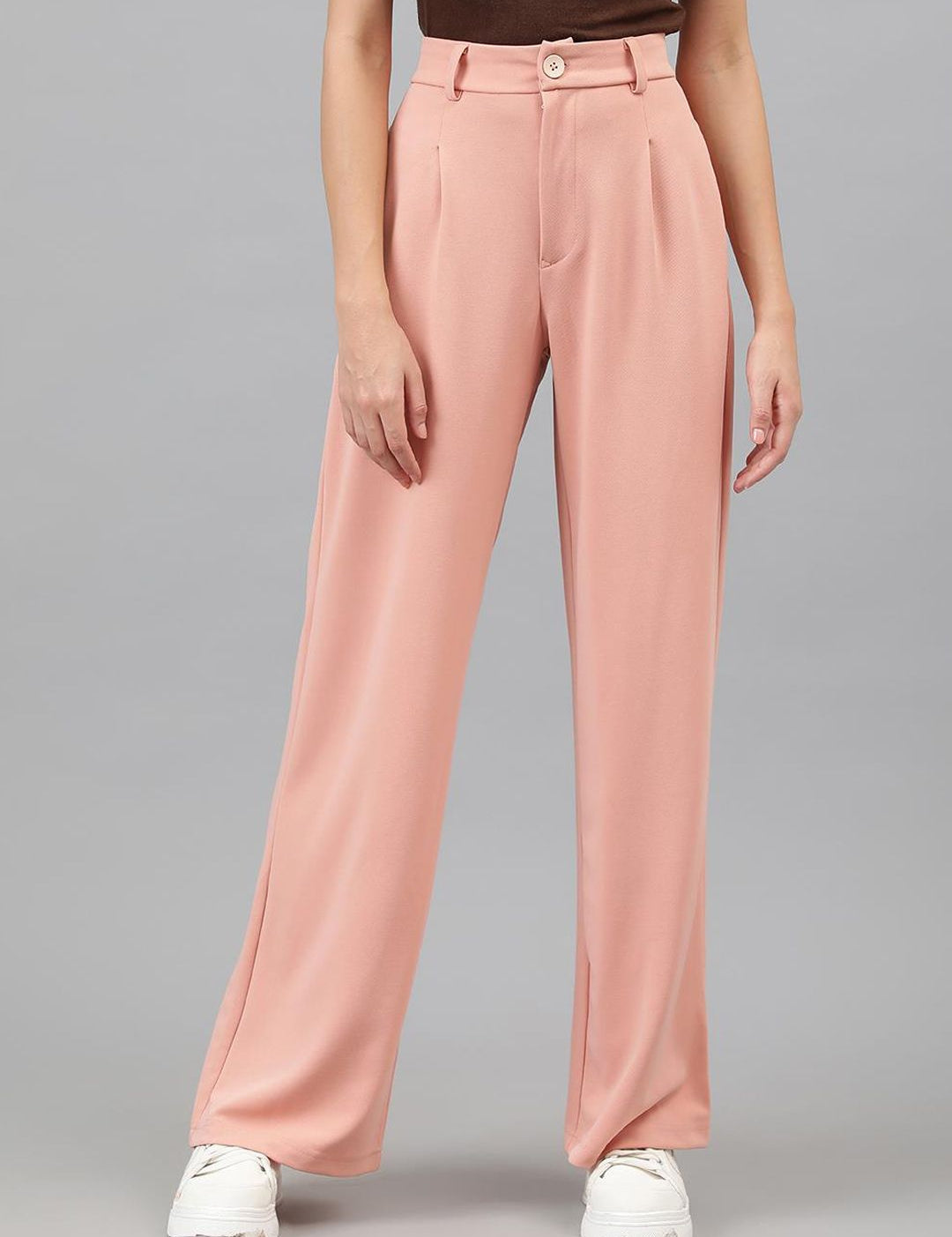 Kotty Women Pink Relaxed Straight Leg Straight Fit High-Rise Easy Wash Pleated Trousers