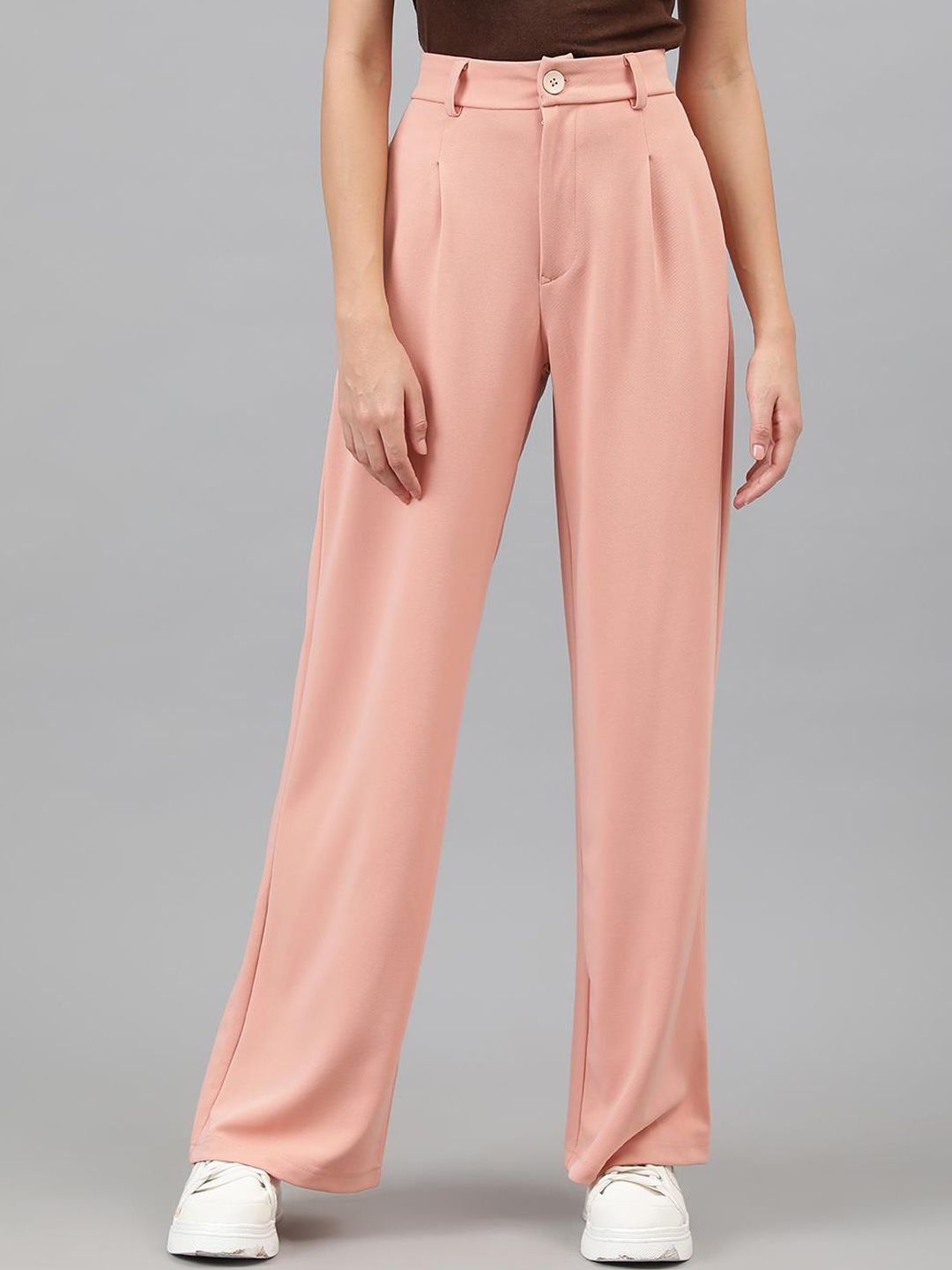 Kotty Women Pink Relaxed Straight Leg Straight Fit High-Rise Easy Wash Pleated Trousers