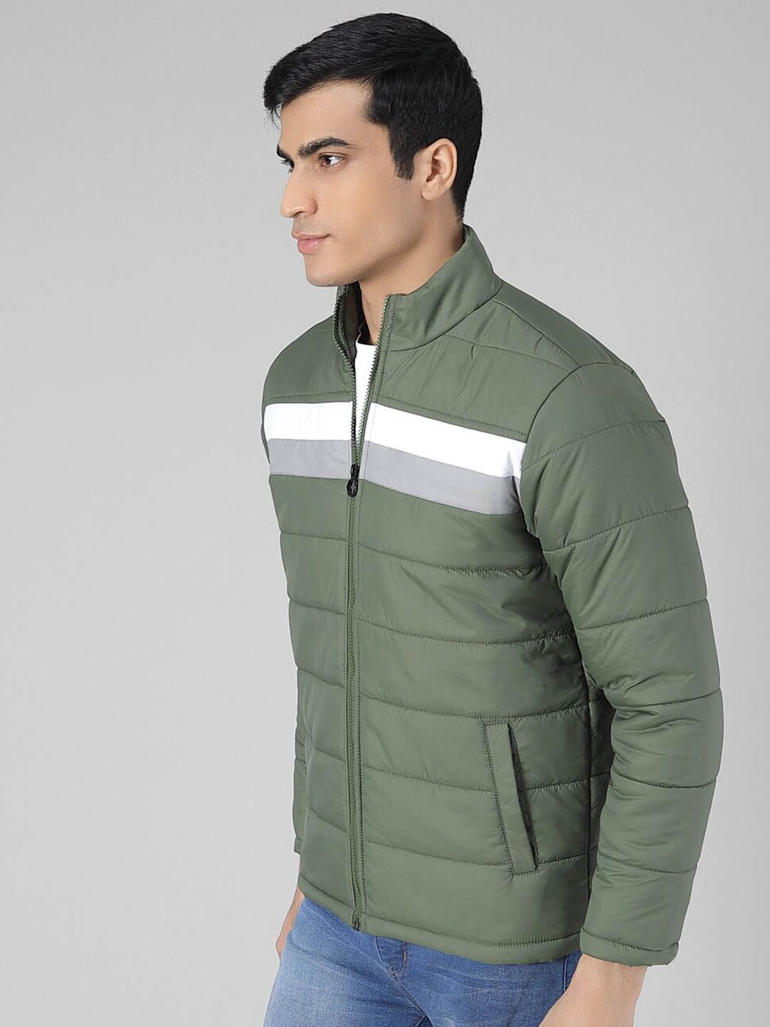 Kotty Men Olive Green Colourblocked Puffer Jacket