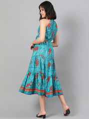 Kotty Turquoise Blue Ethnic Motif Printed Tiered Fit & Flare Midi Dress With Belt