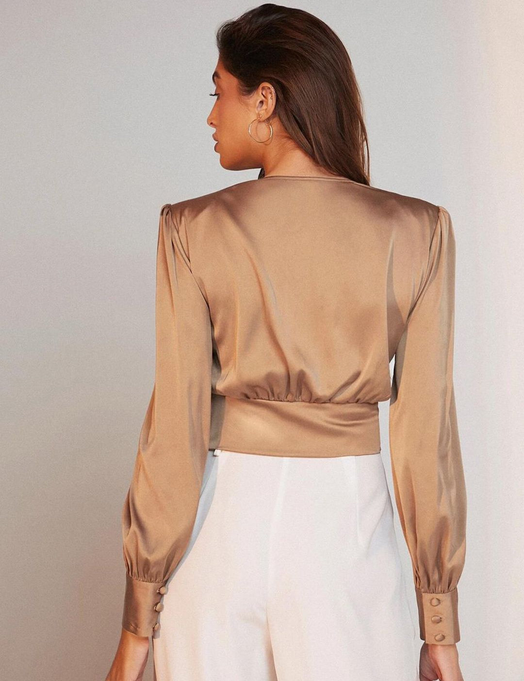 Kotty Brown Cuff Sleeves Satin Top