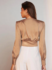 Kotty Brown Cuff Sleeves Satin Top