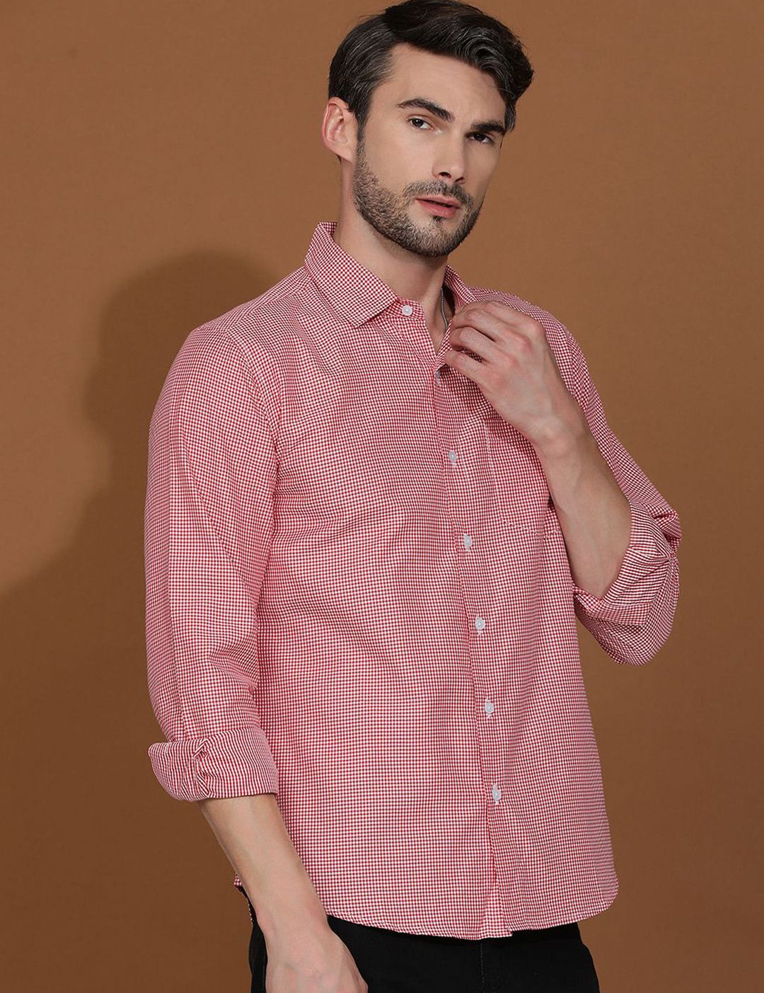 Kotty Red & White New Micro Checks Spread Collar Casual Shirt