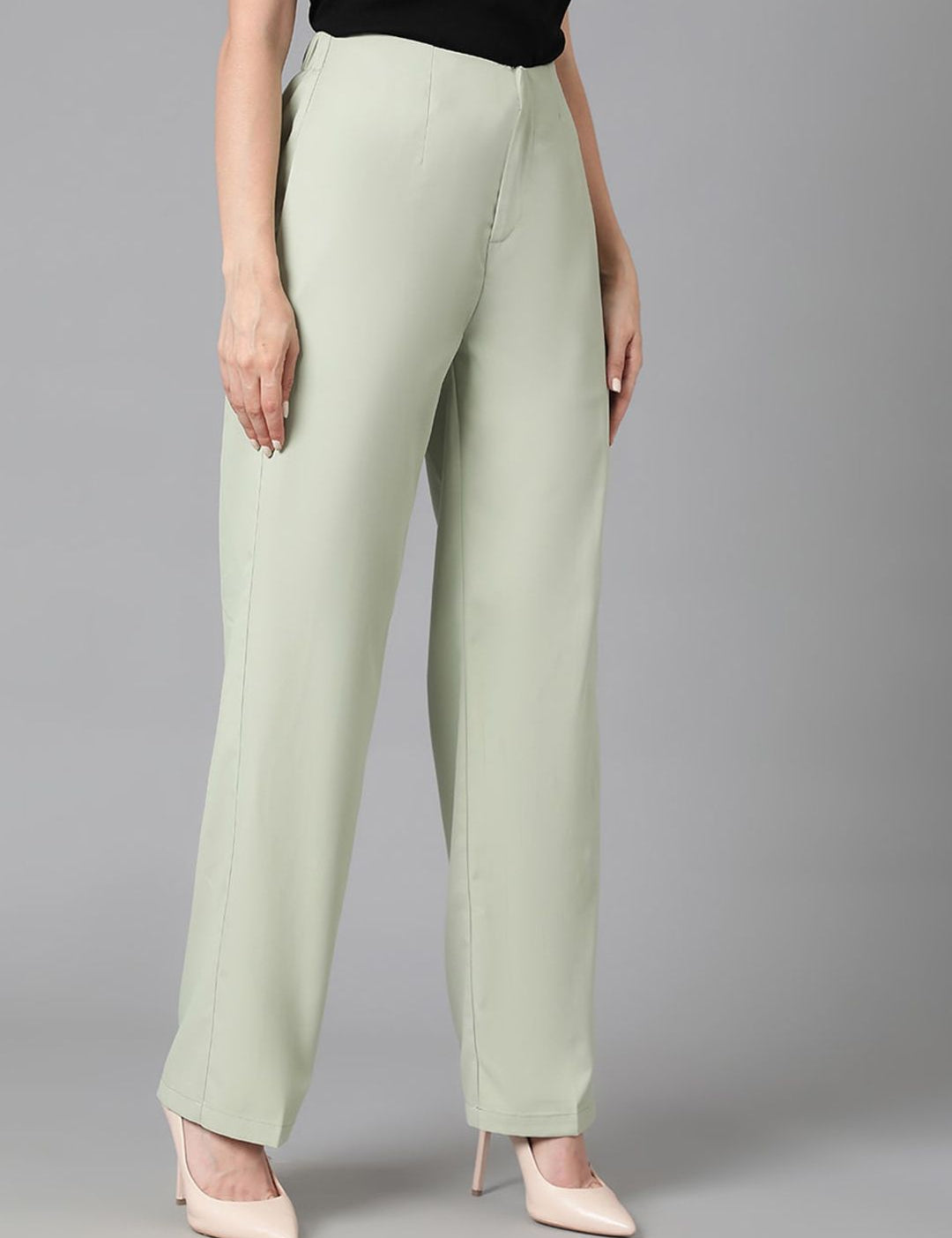 Kotty Women Green Relaxed Straight Leg Straight Fit High-Rise Easy Wash Parallel Trousers