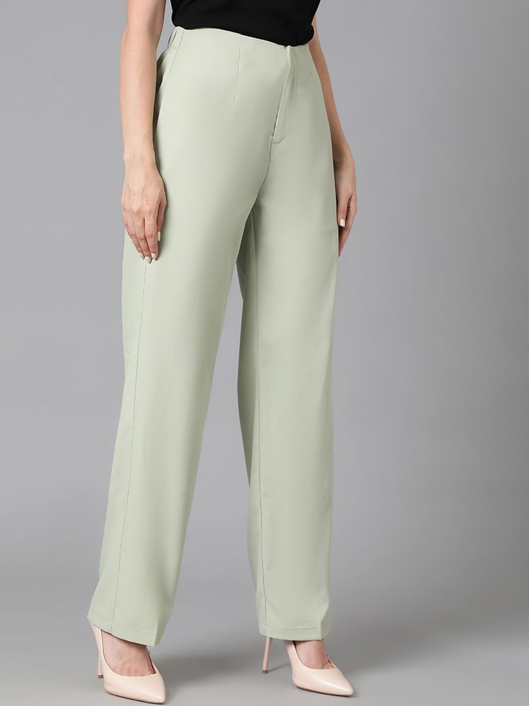 Kotty Women Green Relaxed Straight Leg Straight Fit High-Rise Easy Wash Parallel Trousers