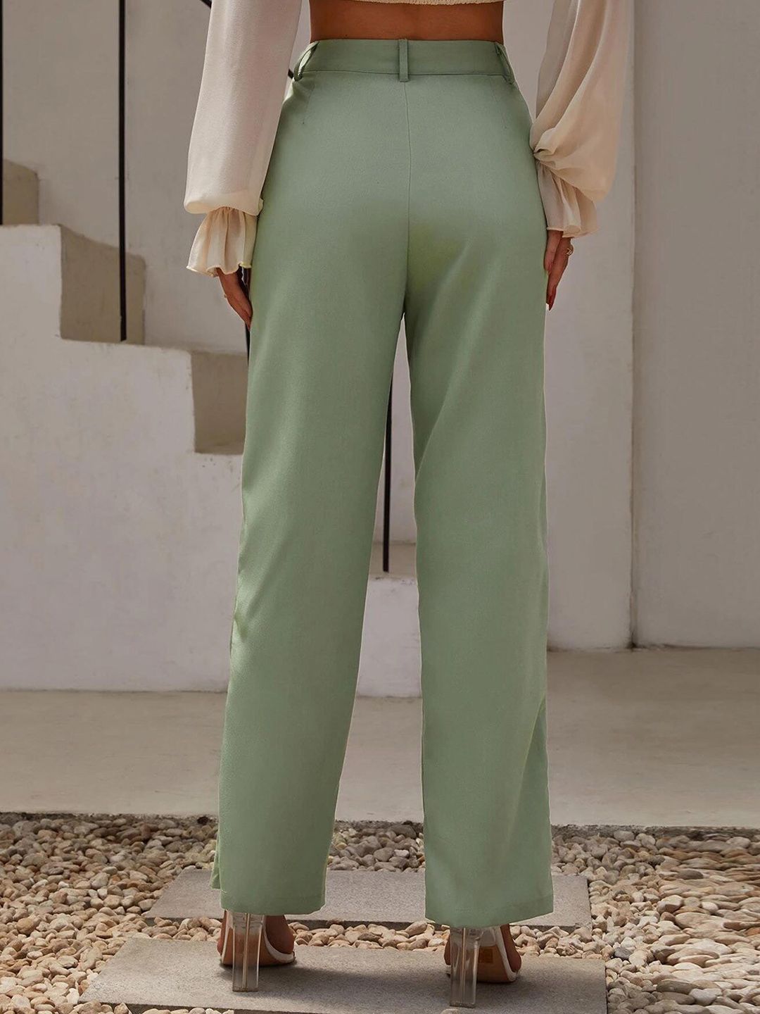 KOTTY BIZwear Women Green Relaxed Straight Fit High-Rise Easy Wash Pleated Trousers