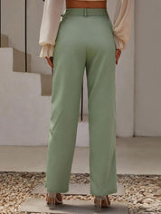 KOTTY BIZwear Women Green Relaxed Straight Fit High-Rise Easy Wash Pleated Trousers