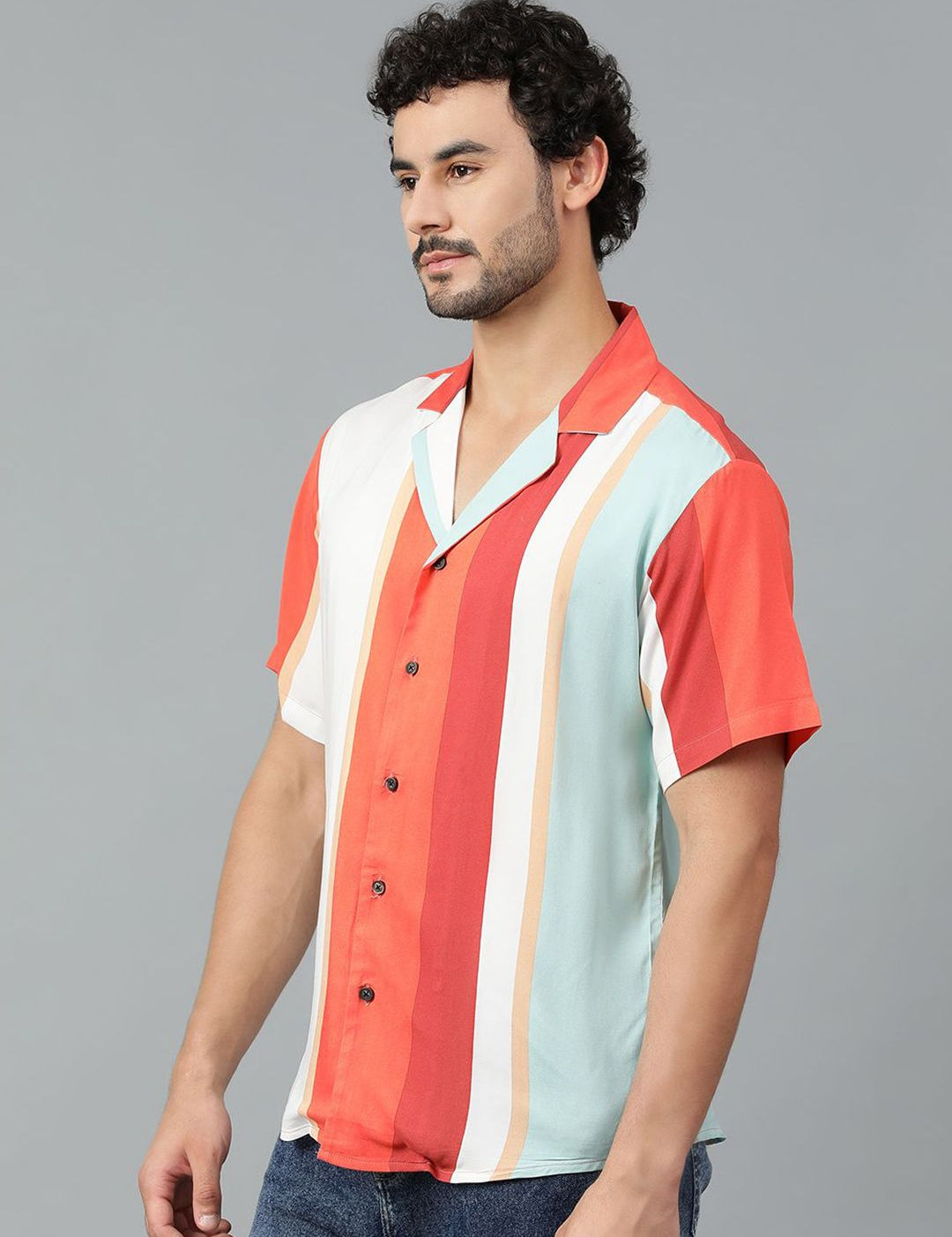 Kotty Men Cuban Collar Striped Casual Shirt