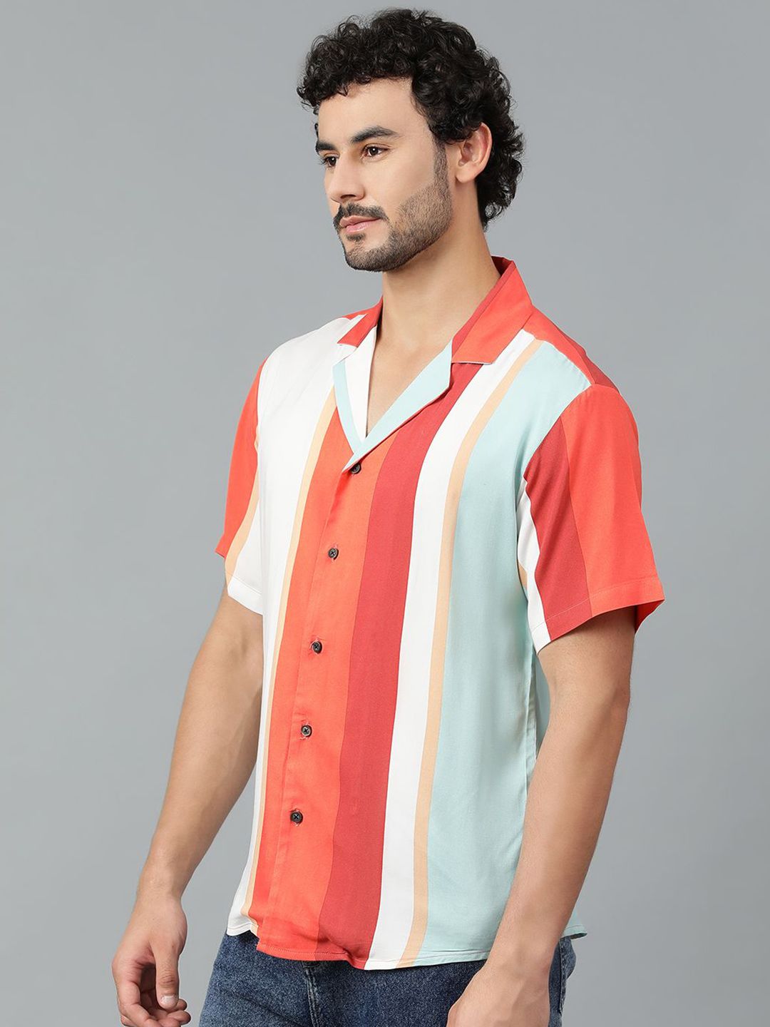 Kotty Men Cuban Collar Striped Casual Shirt