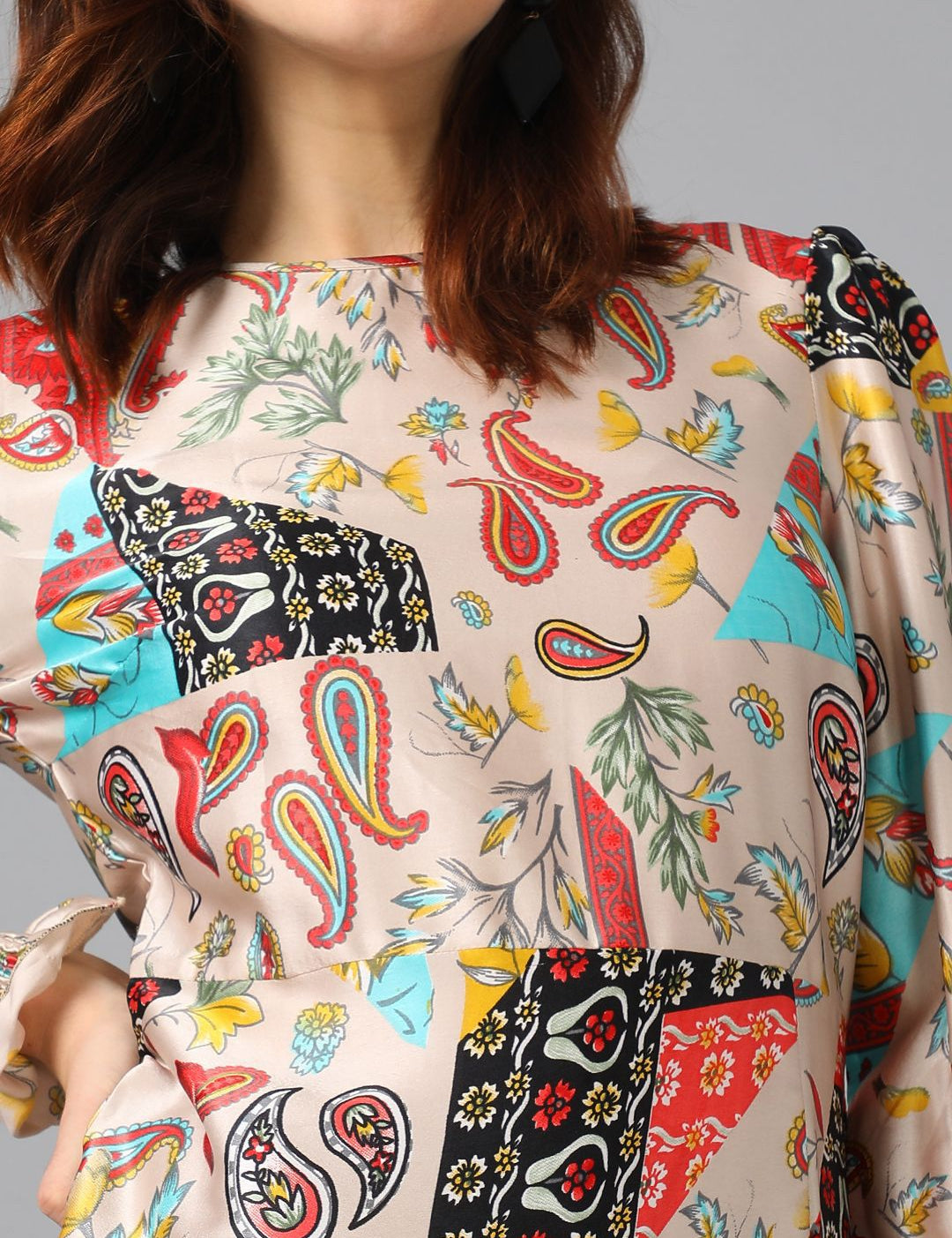 Kotty Floral Printed Boat Neck Puff Sleeve Satin A-Line Dress