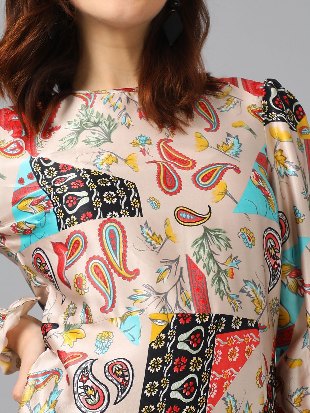 Kotty Floral Printed Boat Neck Puff Sleeve Satin A-Line Dress