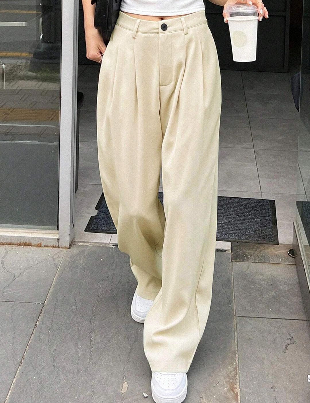 KOTTY BIZwear Women Beige Relaxed Straight Leg Straight Fit High-Rise Easy Wash Pleated Trousers