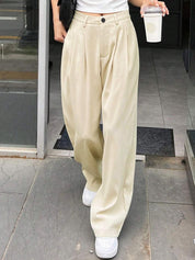 KOTTY BIZwear Women Beige Relaxed Straight Leg Straight Fit High-Rise Easy Wash Pleated Trousers