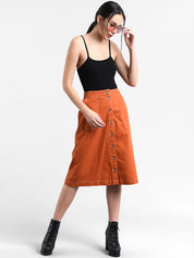 Kotty Women Orange Solid Denim A-Line Skirt