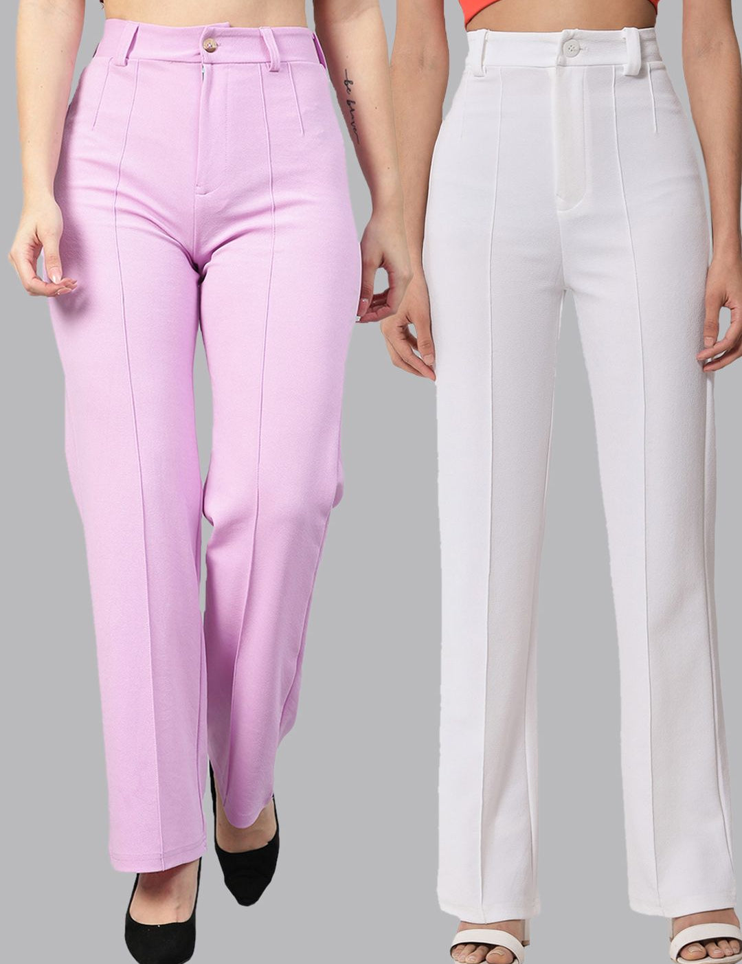 Kotty Women Pack Of 2 Relaxed Straight Leg Fit High-Rise Easy Wash Trousers