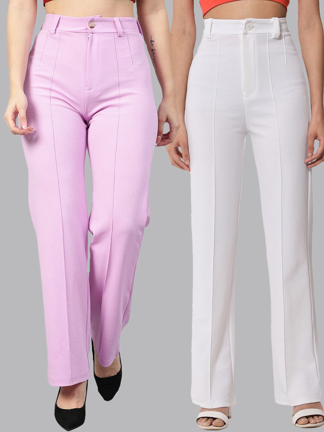 Kotty Women Pack Of 2 Relaxed Straight Leg Fit High-Rise Easy Wash Trousers