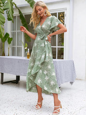 Kotty Green & White Floral Printed Flared Sleeves Wrap Midi Dress