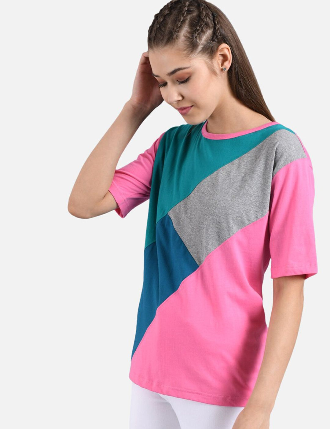 Kotty Women Blue & Pink Colourblocked Round Neck T-shirt
