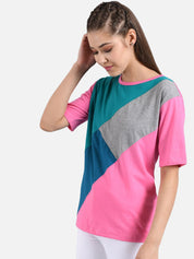 Kotty Women Blue & Pink Colourblocked Round Neck T-shirt