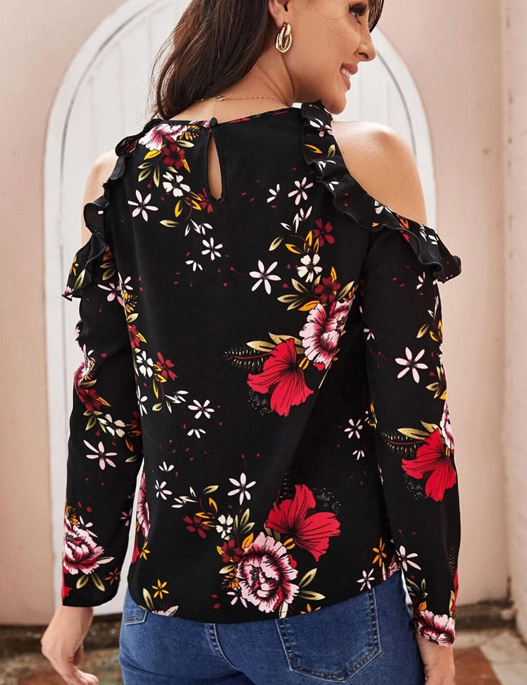 Kotty Women Black & White Floral Print Crepe Top