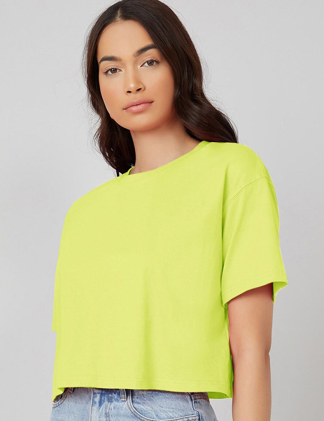 KOTTY Basics Yellow Round Neck Drop-Shoulder Sleeves Crop Oversized T-shirt