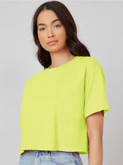 KOTTY Basics Yellow Round Neck Drop-Shoulder Sleeves Crop Oversized T-shirt