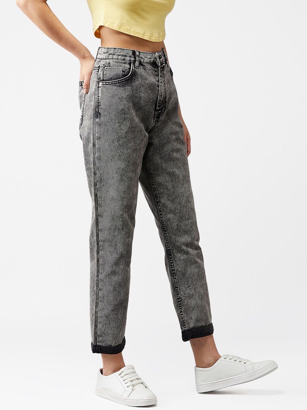 Kotty Women Grey Boyfriend Fit High-Rise Clean Look Jeans