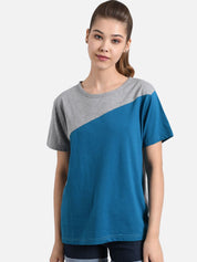 Kotty Women Blue & Grey Colourblocked Round Neck T-shirt