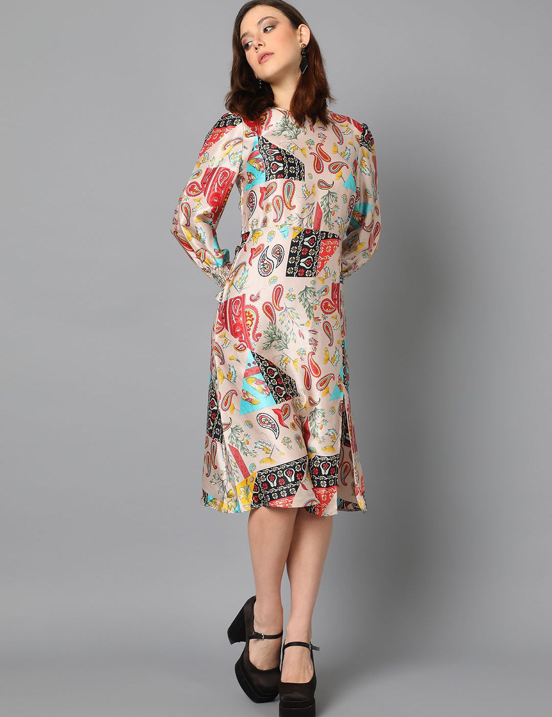 Kotty Floral Printed Boat Neck Puff Sleeve Satin A-Line Dress
