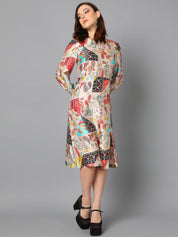 Kotty Floral Printed Boat Neck Puff Sleeve Satin A-Line Dress