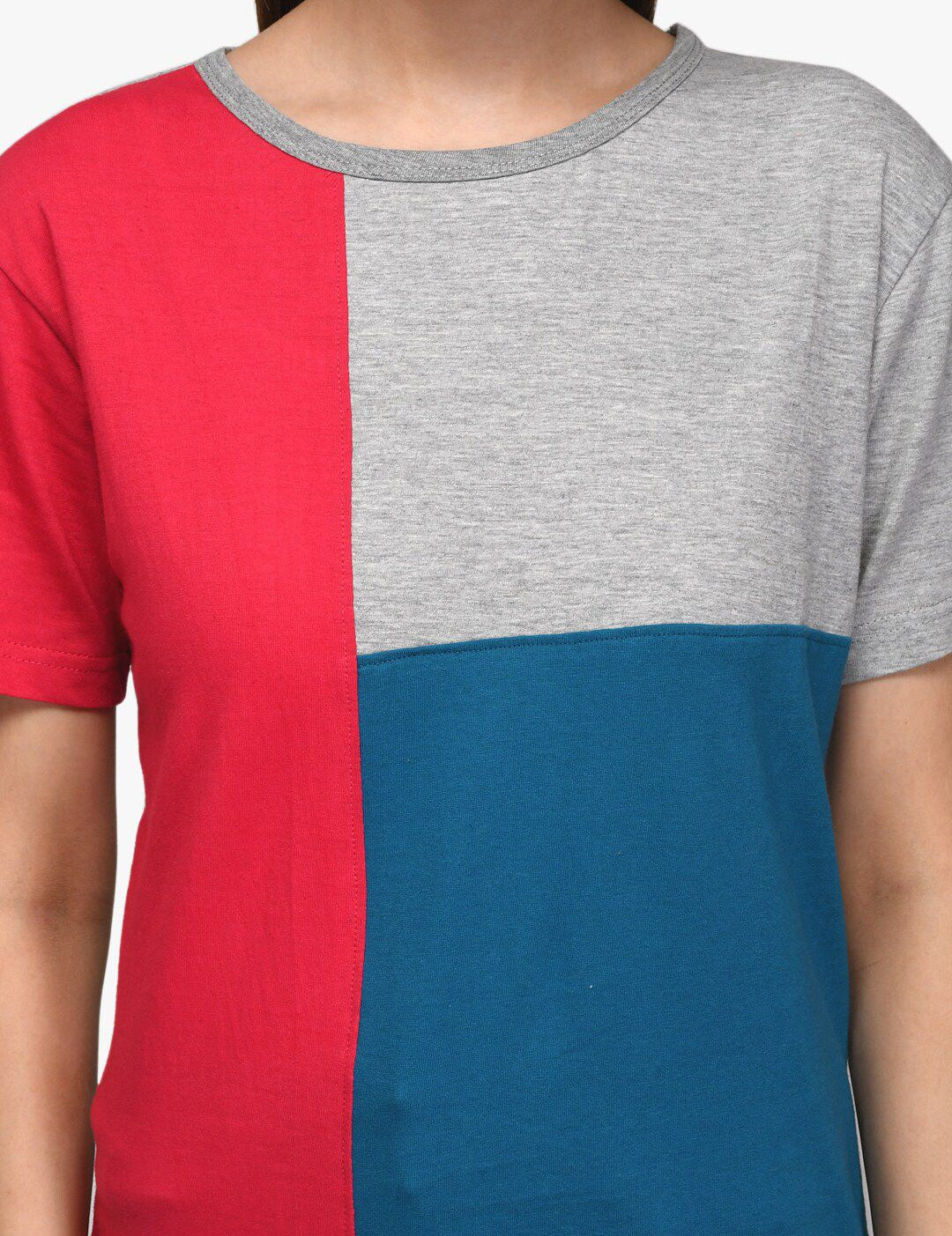 Kotty Women Red & Blue Colourblocked Round Neck T-shirt